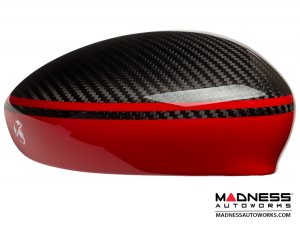 FIAT 500 Mirror Covers - Carbon Fiber - Red Racing Stripe w/ White Scorpion V3